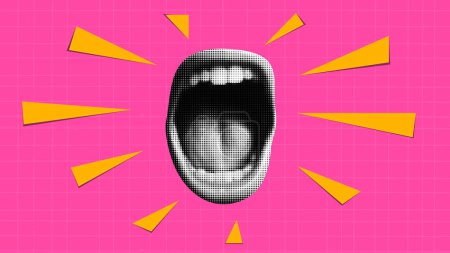 Illustration for Punk collage. Halftone-style mouth open in a scream. Triangles fly out of it like an abstract sound. Bright red checkered background. Grunge y2k vector banner - Royalty Free Image