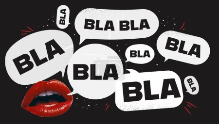 Illustration for Collage poster. Doodles chalked up on a blackboard. Spitballs with blah blah text. Beautiful womans lips cut out of paper. Vector illustration. Modern vintage pop art - Royalty Free Image
