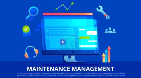 Bannière vectorielle de gestion de la maintenance. Écran avec site web et icône avec outils