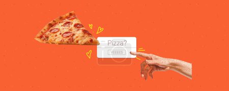 Illustration for The hand reaches for the pizza with notification. A modern trendy illustration. Halftone effect collage with colorful doodles. Vector banner on noisy orange background. - Royalty Free Image