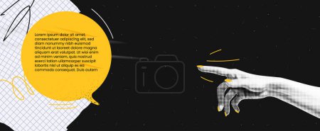 Ilustración de Banner Collage con una mano que alcanza la Burbuja del Discurso. Mensaje amarillo con papel escolar recortado. Mano con garabatos de color amarillo brillante en el procesamiento de medio tono. Sobre fondo negro texturizado. De moda - Imagen libre de derechos
