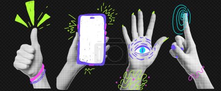 Collage element with funky doodle on transparent bg like png. Vintage vector set. Retro halftone effect. The gesture of hold phone, okay,, high five, touch screen