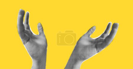Illustration for Hands in halftones treatment for collage on yellow background. Side view as if holding something, Hand up in the air catches something, vector trendy illustration in dot like pop art - Royalty Free Image