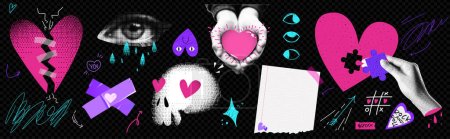 Un paquete de elementos para un collage sobre el tema de un corazón roto. Estética de los zoómeros emo. Ilustración de moda vectorial. Ilustración vectorial.