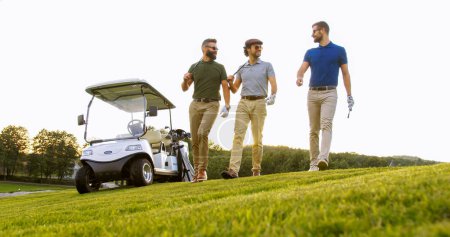 Téléchargez les photos : Three handsome men strolling with their clubs and golf bags on the golf field to start a game and talking - en image libre de droit