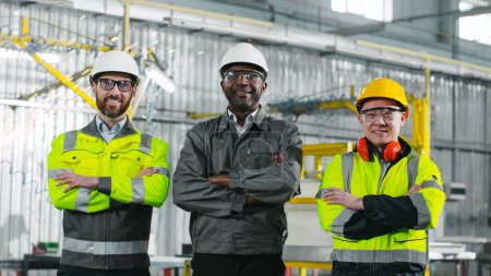 Three multicultural heavy industrial workers look at camera and smiling. Engineers standing at construction with crossed arms. Employees in uniforms posing at camera at workshop.