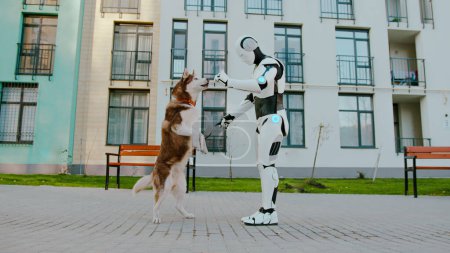 Kybernetischer intelligenter Humanoid, der Husky Dog Gehorsam und Beweglichkeit beibringt, während er in der Nähe von Hochhäusern steht. Junger aktiver Hund an der Leine erfüllt Sprachbefehl.