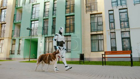 Robotized domestic cyborg droid leading husky dog on city street. Automated household robot assistant helping with pets care in futuristic life.