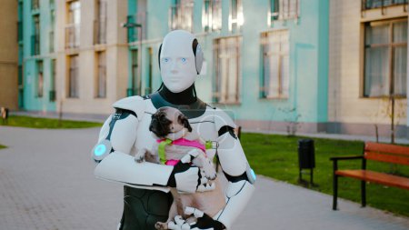 Adorable plug dog sitting calmly on humanoid machine hands outdoors. Impact of robotic development on human daily activities. Future is now.