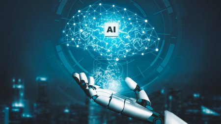 Foto de Robot futurista inteligencia artificial revolucionario desarrollo de la tecnología de IA y el concepto de aprendizaje automático. Investigación científica biónica robótica global para el futuro de la vida humana. Gráfico de representación 3D. - Imagen libre de derechos