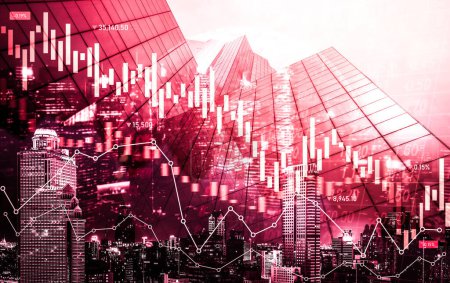 Photo for Stock market crash, declined economic, graph falling down and digital indicators overlaps modernistic city. Double exposure. - Royalty Free Image