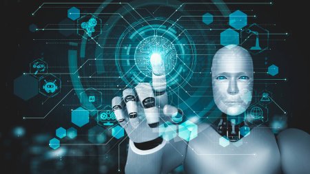 Futuristische Roboter-künstliche Intelligenz, die die Entwicklung von KI-Technologien und das Konzept des maschinellen Lernens fördert. Globale robotische bionische Forschung für die Zukunft des menschlichen Lebens. 3D-Rendergrafik.