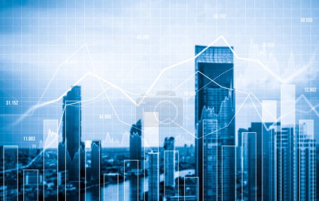 Foto de Financial graphs and digital indicators overlap with modernistic urban area, skyscrabber for stock market business concept. Double exposure. - Imagen libre de derechos
