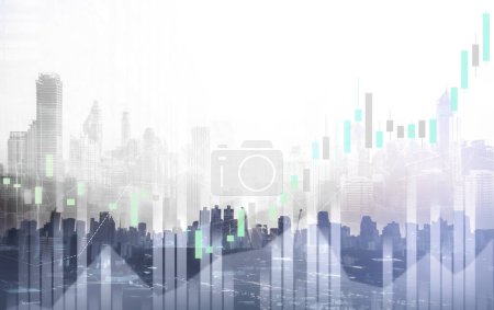 Photo for As background for a financial or business concept, digital screen and financial graphs overlap on a picture of modernistic cityscape, skyscrabbers. - Royalty Free Image