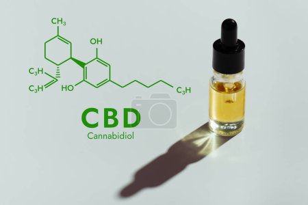 Photo for CBD oil in a clear, glass container, isolated on a white background and biochemistry formula hexagon illustration, to represent the legalized marijuana extracts concept. - Royalty Free Image