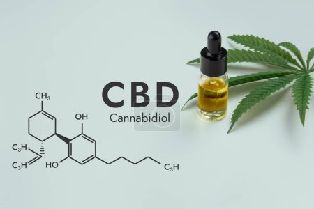 Photo for CBD oil in a clear, glass bottle with a dropper lid, isolated on a white background and biochemistry formula hexagon illustration, to represent the legalized marijuana extracts concept. - Royalty Free Image