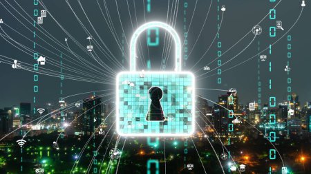 Seguridad cibernética y protección de datos de alteración en la plataforma digital. Interfaz gráfica que muestra la tecnología de firewall seguro para la defensa de acceso a datos en línea contra hackers, virus e información insegura .