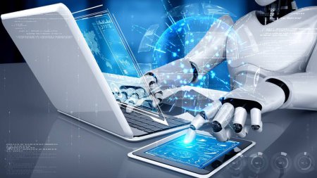 Roboter-Hominoiden nutzen Laptop und sitzen am Tisch für Big-Data-Analysen mit KI-Denkgehirn, künstlicher Intelligenz und maschinellem Lernprozess für die vierte industrielle Revolution. 3D-Rendering.