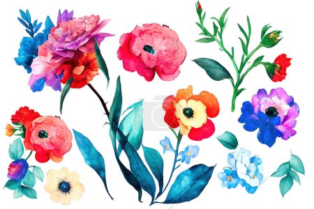 Photo for Flower bouquet set watercolor pieces of artwork design. Spring and summer flower nature in style of hand drawn watercolor. Digital art 3D illustration. - Royalty Free Image