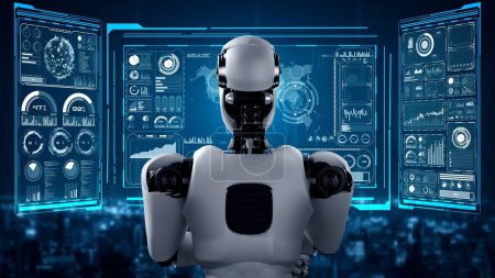 Téléchargez les photos : Pensant robot hominoïde AI analyse écran hologramme montrant concept Big Data analytique en utilisant l'intelligence artificielle par processus d'apprentissage automatique. rendu 3D. - en image libre de droit