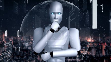 Téléchargez les photos : Futuristic robot artificial intelligence huminoid AI programming coding technology development and machine learning concept. Robotic bionic science research for future of human life. 3D rendering. - en image libre de droit