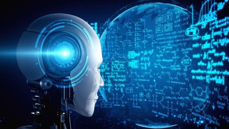 Foto de Robot de inteligencia artificial hominoide mirando la pantalla del holograma en concepto de cálculo matemático y análisis de ecuaciones científicas utilizando inteligencia artificial por proceso de aprendizaje automático. Renderizado 3D. - Imagen libre de derechos