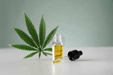 Téléchargez les photos : Cannabis sativa feuille de chanvre avec récipient d'huile de CBD avec couvercle compte-gouttes sur fond blanc. Concept de marihuana légalisé. - en image libre de droit