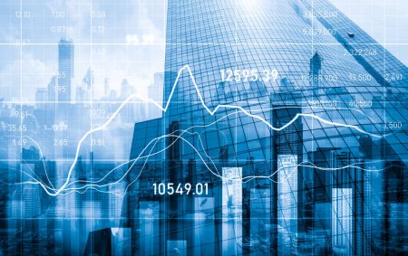 Foto de Stock market business concept. Financial graphs and digital indicators with modernistic urban area and skyscrapers as background. Double Exposure. - Imagen libre de derechos