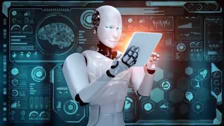 Foto de Hominoide robot que usa tableta para análisis de big data usando cerebro pensante de IA, inteligencia artificial y proceso de aprendizaje automático para la cuarta revolución industrial. Renderizado 3D. - Imagen libre de derechos