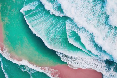 Photo for AI generated image top view from drone photo of beautiful pink beach with relaxing sunlight, sea water waves pounding the sand at the shore. Calmness and refreshing beach scenery. - Royalty Free Image