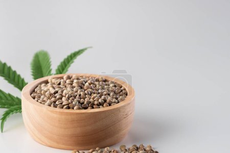 Hemp seeds with green sativa hemp leaf on top of it. Legalized marijuana concept. Empty background for copyspace.