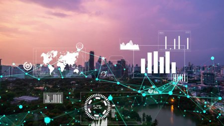 Geschäftsdaten analytische Schnittstelle fliegen über Smart City zeigt Veränderung Zukunft der Business Intelligence. Computersoftware und künstliche Intelligenz werden verwendet, um Big Data für strategische Pläne zu analysieren .