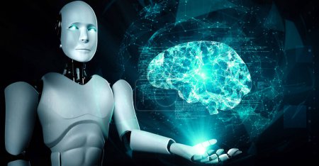AI hominoid robot holding virtual hologram screen showing concept of AI brain and artificial intelligence thinking by machine learning process. 3D rendering.