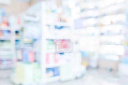 Photo for Pharmacy blurred abstract background qualified drug, medicinal product on shelf background. Blurry light tone wallpaper of drugstores interior medications displayed on shelves for healthcare concept. - Royalty Free Image