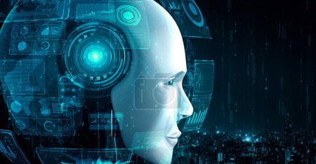 Foto de El hominoide robot se enfrenta de cerca con el concepto gráfico del cerebro pensante en IA, la inteligencia artificial y el proceso de aprendizaje automático para la cuarta cuarta revolución industrial. Renderizado 3D - Imagen libre de derechos