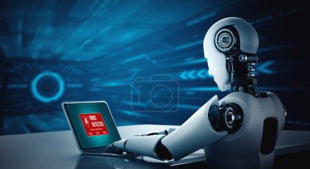 Foto de Robot AI usando software de computadora modish. Concepto de inteligencia artificial. - Imagen libre de derechos