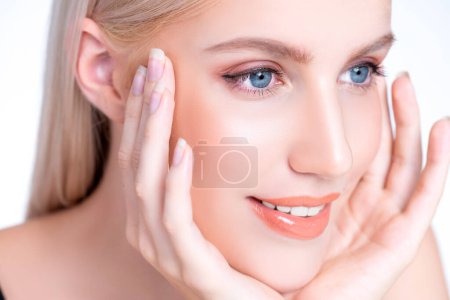 Photo for Closeup personable beautiful woman portrait with perfect smooth clean skin and natural makeup portrait in isolated background. Hand gesture with expressive facial expression for beauty model concept. - Royalty Free Image