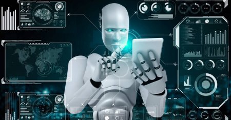 Foto de Robot hominoid use mobile phone or tablet for big data analytic using AI thinking brain , artificial intelligence and machine learning process for the 4th fourth industrial revolution . 3D rendering. - Imagen libre de derechos