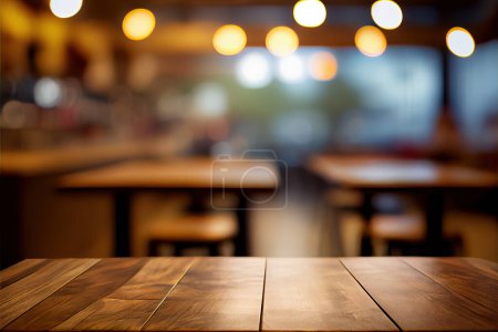 Empty wood table for product display in blur background of admirable restaurant at night
