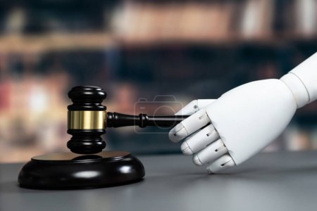 Künftiges innovatives Konzept eines effizienten und fairen Justizsystems mit nahnahnahem Roboterhandgriff als künstliche Intelligenz in transparenten Gerichtsverfahren durch einen KI-Richter. Gleichgewicht
