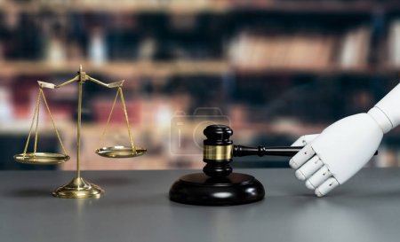 Future innovative concept of efficient and fair justice system with closeup robotic hand holding gavel as artificial intelligence in transparent judicial proceedings by an AI judge. Equilibrium