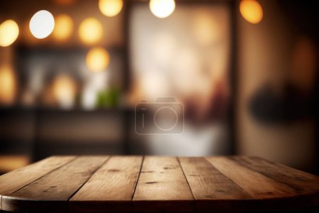 Téléchargez les photos : Table en bois fond flou du restaurant de café avec bokeh. Impeccable - en image libre de droit