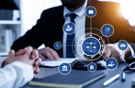 Photo for Smart law, legal advice icons and lawyer working tools in the lawyers office showing concept of digital law and online technology of astute law and regulations . - Royalty Free Image