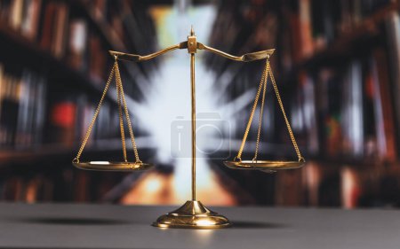 Photo for Shiny golden balanced scale in court library background as concept justice and fairness legal symbol. Scale balance for righteous and equality judgment by lawyer and attorney. equility - Royalty Free Image
