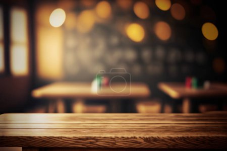 Photo for Rustic wooden table in a classroom setting, perfect for displaying educational products or designs. Table-top view on blurred background with empty tables and atmospheric light. Flawless - Royalty Free Image