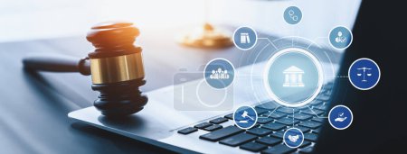 Photo for Smart law, legal advice icons and lawyer working tools in the lawyers office showing concept of digital law and online technology of astute law and regulations . - Royalty Free Image