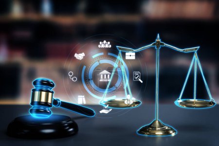 Intelligentes Recht, Symbole der Rechtsberatung und Arbeitswerkzeuge für Anwälte in der Anwaltskanzlei, die das Konzept des digitalen Rechts und der Online-Technologie scharfsinniger Gesetze und Vorschriften aufzeigen .
