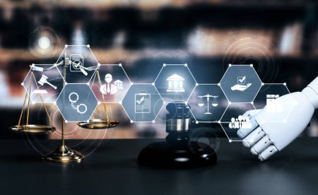 KI-bezogenes Gesetzeskonzept, das von Roboterhand unter Verwendung von Anwaltswerkzeugen in Anwaltskanzleien mit juristischen scharfsinnigen Symbolen gezeigt wird, die das Recht der künstlichen Intelligenz und die Online-Technologie der gesetzlichen Bestimmungen darstellen