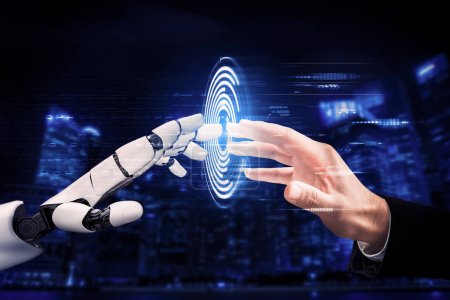 Representación 3D Desarrollo de tecnología robótica futurista, inteligencia artificial IA y concepto de aprendizaje automático. Investigación científica biónica robótica global para la vida humana futura. Ilustración 3D