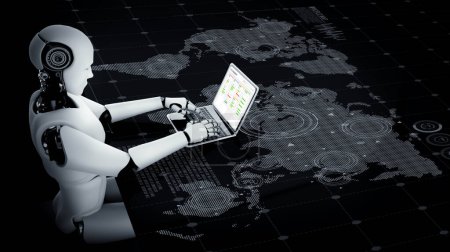 Foto de Robot AI usando software de computadora pensando con sistema de aprendizaje automático de inteligencia artificial modish. - Imagen libre de derechos